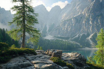 Obraz premium Majestic mountain landscape with a tranquil lake view