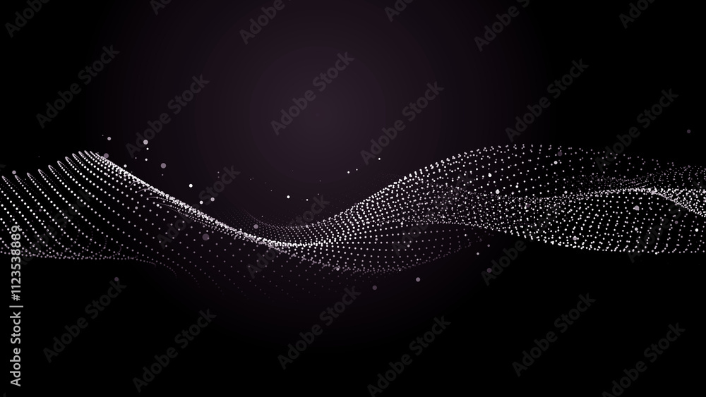 Poster futuristic wave of moving dots in dark space. digital big data technologies. 3d rendering.