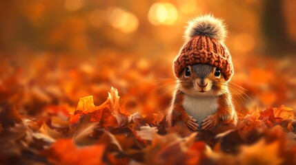 Obraz premium Autumn Squirrel in Knit Hat Digital Painting, Warm Tones, Cozy Concept, Fall Leaves, Wildlife Squirrel, Autumn