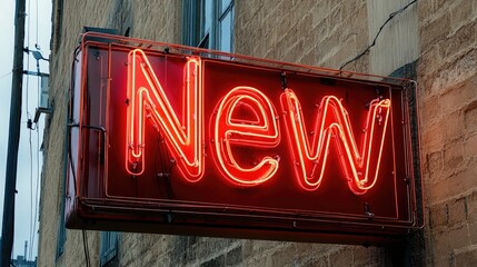 A bold and stylish red "New" neon sign vibrantly contrasts with a beige wall, ideal for digital campaigns.