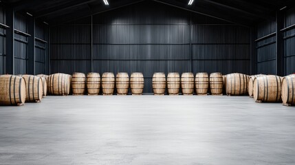 Rows of oak barrels in a large, dark warehouse.