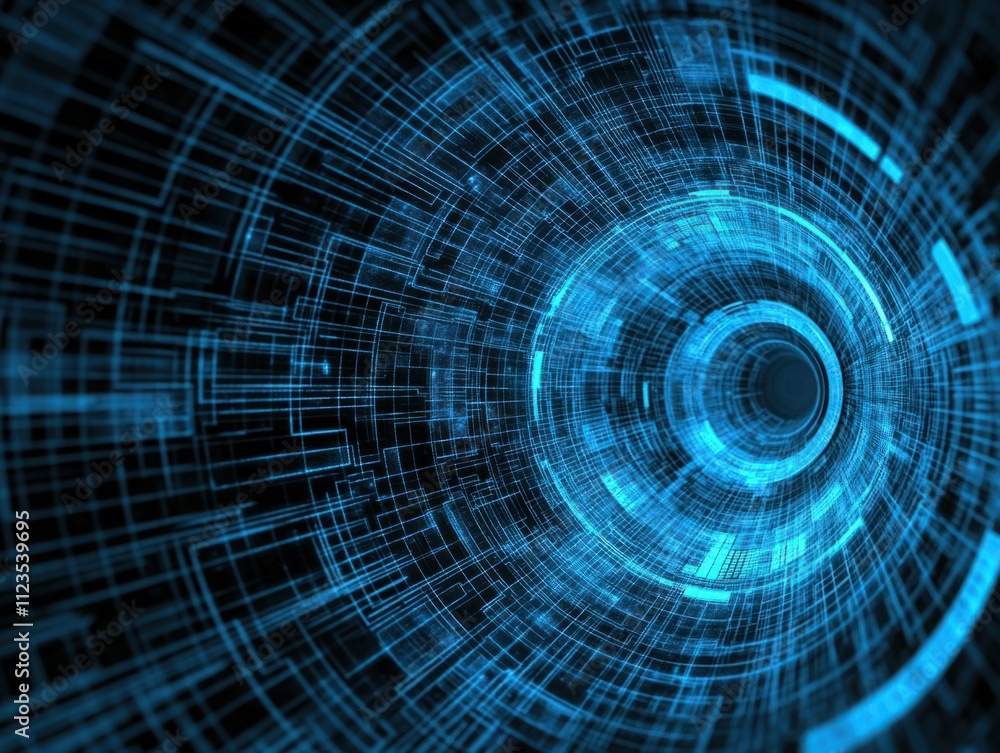 Poster abstract digital tunnel background with blue light trails and geometric patterns for technology, dat