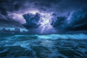Fototapeta premium A Single Lightning Bolt Strikes the Ocean During a Thunderstorm