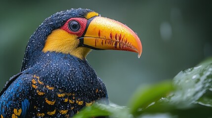 Fototapeta premium Close-up of a vibrant, rain-soaked toucan with a yellow and orange beak, perched amidst lush green foliage.