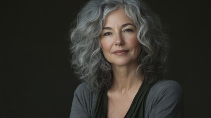 Fototapeta premium Woman with Gray Curly Hair Smiling Softly