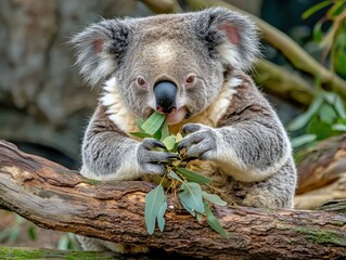 Fototapeta premium Close-up of a koala munching on eucalyptus leaves in natural light
