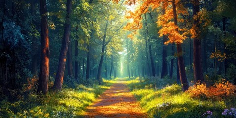 Fototapeta premium A Sunlit Path Through a Lush Forest with Autumn Colors