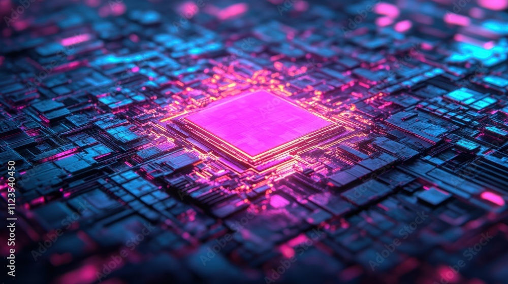 Poster futuristic abstract circuit board illustration with a central microchip illuminated by vibrant neon 