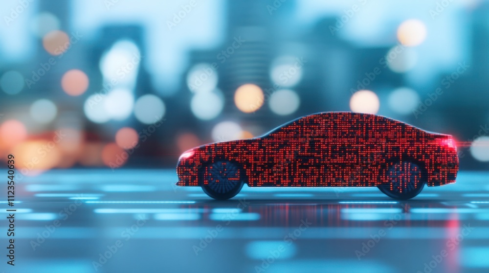 Poster futuristic car concept with digital patterns and urban background showcasing advanced technology and