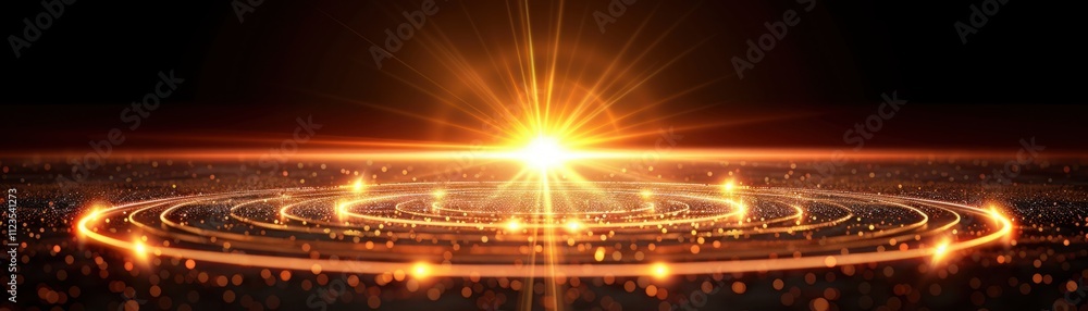 Poster vibrant abstract sunrise background with radiating light and sparkling particles for use in creative
