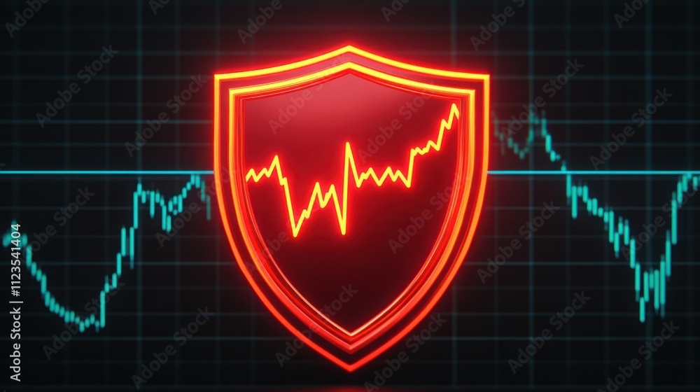 Poster vibrant shield icon with heartbeat line against financial graph background representing data securit