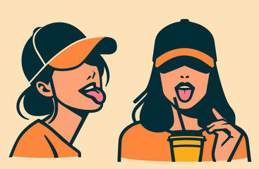 A set of contoured naughty female portraits. A simple, minimalistic vector illustration of beautiful female faces with their tongue sticking out. A linear drawing.