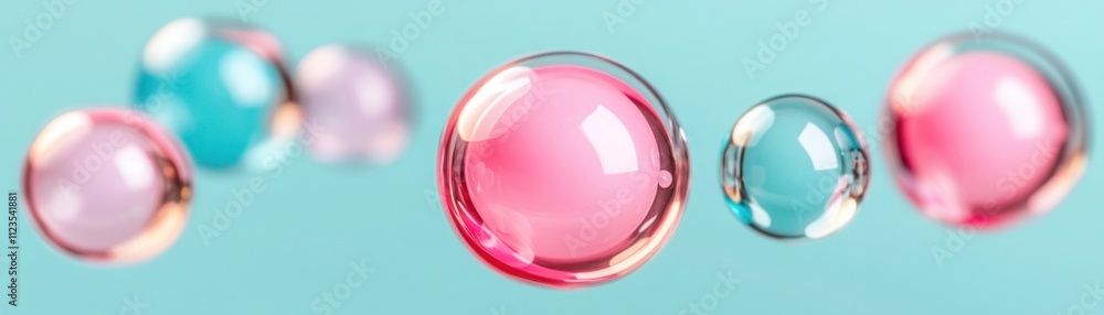 Poster colorful transparent bubbles in various sizes floating against a soft blue background, creating a wh