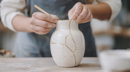 Pottery Repair Artist Restoring Vase Using Kintsugi Method
