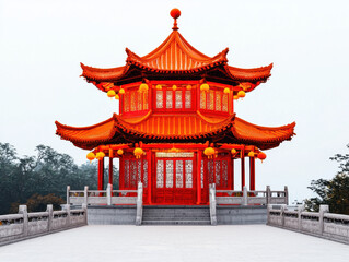 Elegant pagoda with vibrant red highlights and lanterns in serene setting