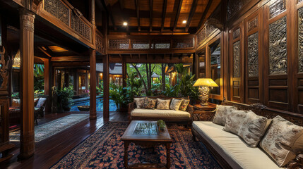 Obraz premium luxurious traditional Thai style wooden living room with intricate carvings, elegant furniture, and warm lighting, overlooking lush tropical garden and serene pool