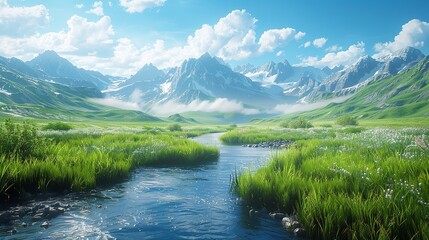 Fototapeta premium Flowing water and green meadows in a tranquil river valley with distant mountains, tilt-shift blur effect, focus on meadows, vibrant, overlay, picturesque nature backdrop.