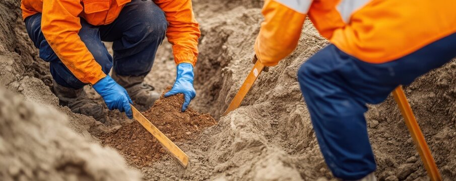 Geological study. A visual from a geological survey and fieldwork, showing engineers collecting soil and rock samples in rugged terrain