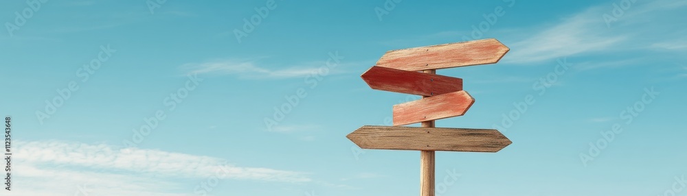 Poster a weathered signpost with multiple directions against a clear blue sky, symbolizing choices and navi