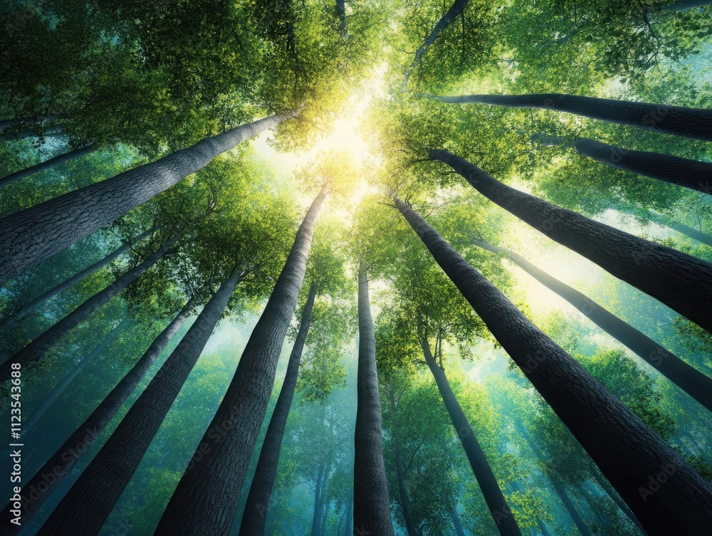 Poster sunlight filtering through tall trees in a lush green forest creating a serene and tranquil atmosphe