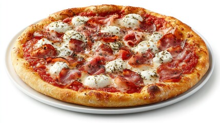 Delicious pizza with mozzarella, bacon, and tomato sauce on a white plate.
