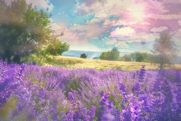 Fototapeta premium The lavender field stretches across the landscape, bathed in sunlight. Fluffy clouds float above as lush greenery contrasts with purple hues, creating a tranquil setting.