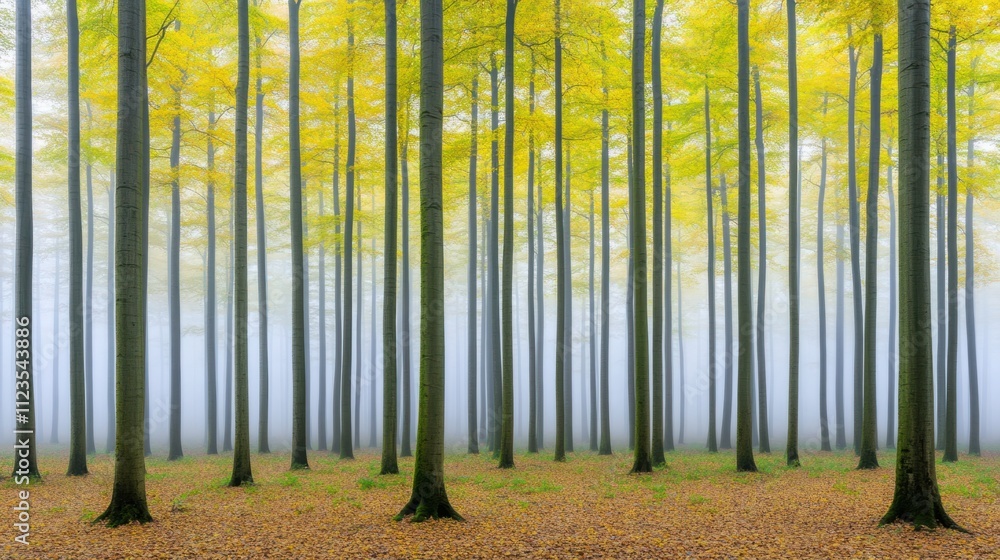 Poster misty forest with tall trees and vibrant yellow leaves in autumn, creating a serene and enchanting a