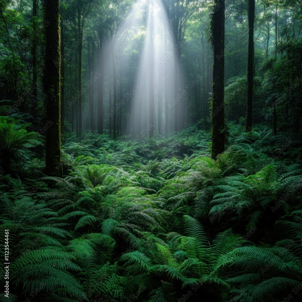 Poster enchanting forest scene with lush green foliage and sunlight filtering through tall trees, creating 