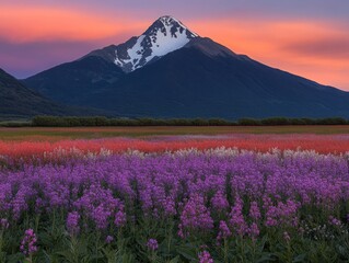 Breathtaking Landscape with Snow-Capped Mountain Surrounded by Vibrant Wildflower Fields at Sunrise in a Serene Nature Scene