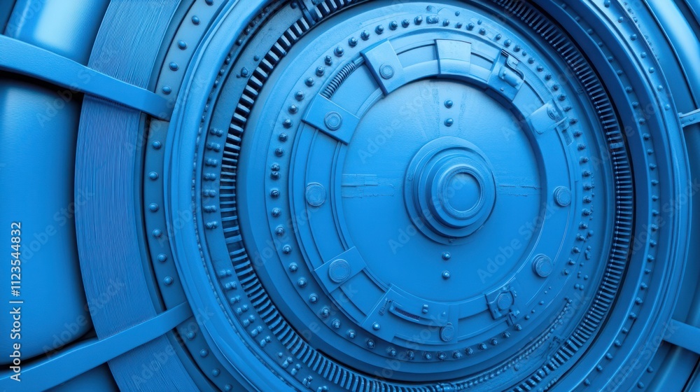 Poster abstract close-up of a futuristic metallic blue circular component with textured details and intrica