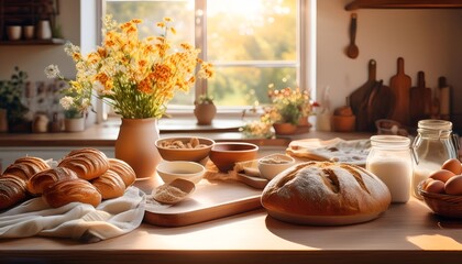 A cozy kitchen setting with a sunlit table showcasing fresh bread, eggs, and essential baking ingredients. The atmosphere is warm and inviting, ideal for homemade culinary creations.