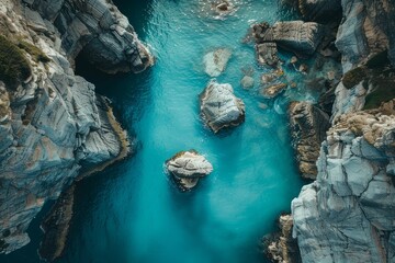 Glorious turquoise waters flow around distinct rocky formations, accentuated by towering cliffs in...