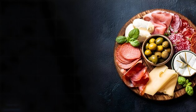 A vibrant charcuterie board featuring a variety of cured meats, cheeses, and olives, artfully arranged on a rustic blue wooden surface, perfect for gourmet gatherings and culinary inspiration. - Powered by Adobe