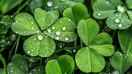 Morning dew glistens on clovers in a serene meadow