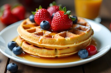 Yummy waffles with berries and syrup