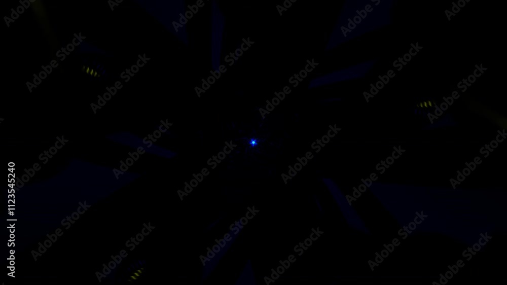 Poster rotating geometric shapes with vibrant lights in an endless background