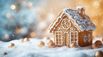 Festive Christmas  gingerbread house adorned with icing , handmade