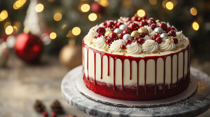 Festive red velvet cake adorned with holiday decorations on a boke background, Christmas, cake,