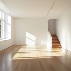 Fototapeta premium Bright and Airy Modern Room with Wooden Flooring and White Walls