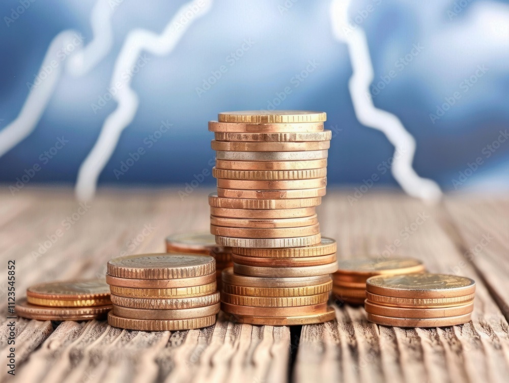 Poster piles of coins stacked on wooden surface with dramatic lightning storm in the background creating a 