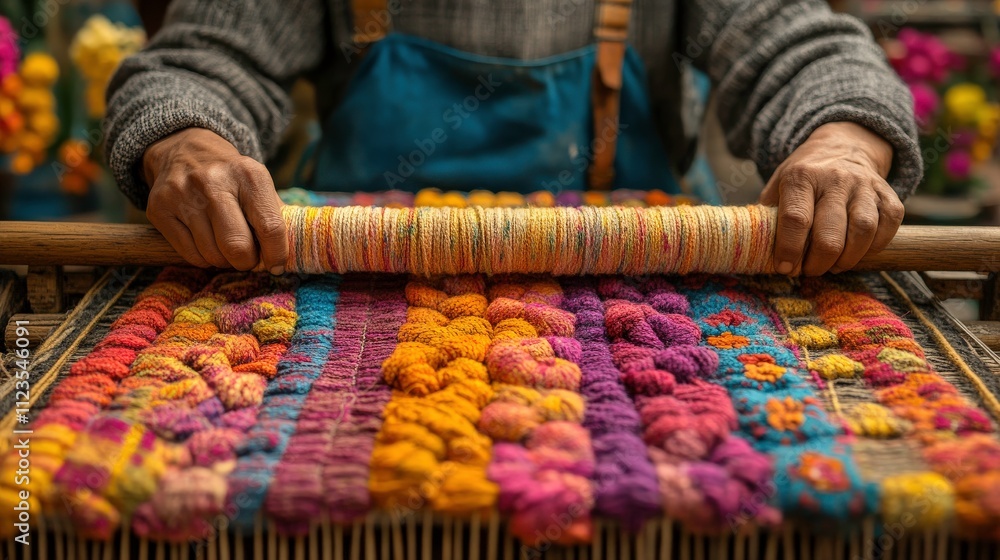 Aufkleber craftsmanship in action: artisan hands skillfully creating colorful textile art with vibrant threads