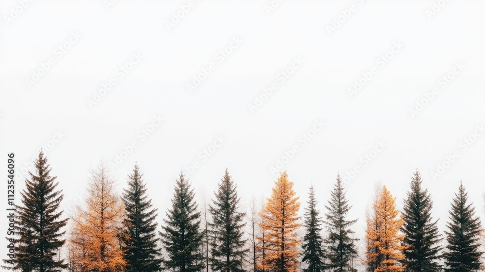 Poster majestic forest trees displaying autumn foliage against a soft white background with varying shades 