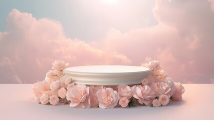 A dreamy pastel circular pink podium by blooming pink roses, a soft sky with fluffy clouds. a romantic surreal showcasing product. floral display, flowers around a stage, Valentine’s Day background