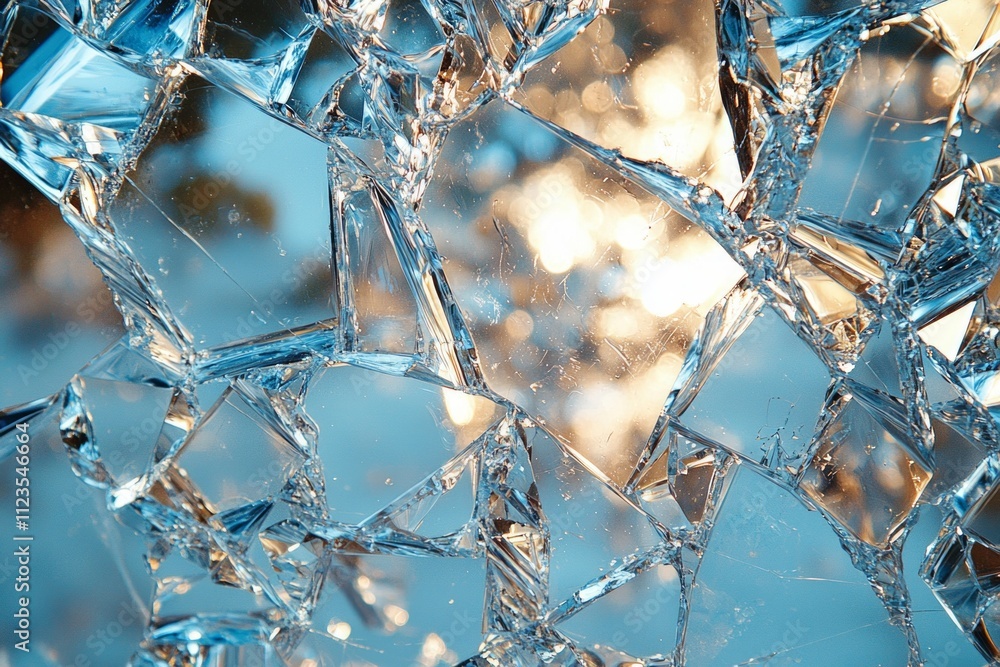 Poster reflections dance shattered glass pane creating captivating tapestry fragmented images and light mid