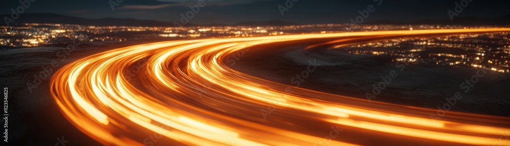 Poster dynamic view of nighttime cityscape with colorful light trails from moving vehicles creating a vibra