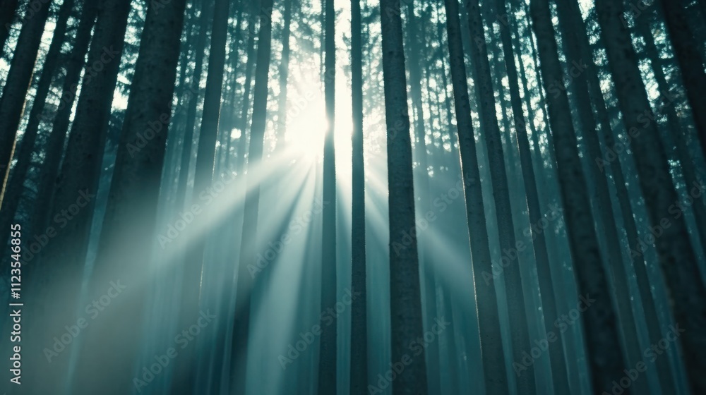 Poster enchanting sunlight filters through tall trees in a serene forest, creating mystical beams of light,
