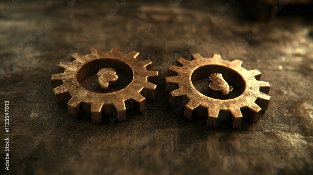 Poster close-up view of two intricate golden gears on a wooden surface, symbolizing collaboration, mechanis