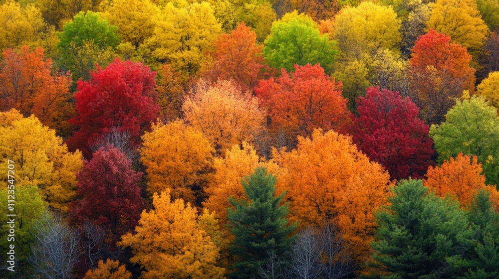 Poster a forest full of trees with leaves of different colors. generative ai