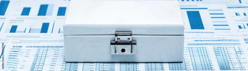 Poster a sleek and modern white briefcase resting on a collection of analytical reports and graphs, symboli
