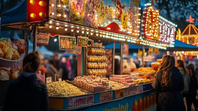 
Various food stalls offering carnival treats like popcorn, candy floss, and hot dogs, with busy scene and people enjoying the food